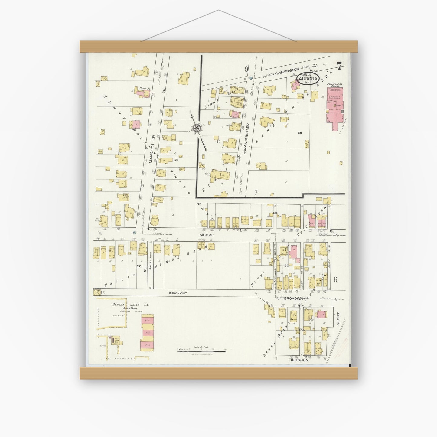 Old map wall art mockup — magnetic wood frame on white wall — Sanborn Fire Insurance Map from Aurora, Dearborn County, Indiana (1917), Sheet #0007