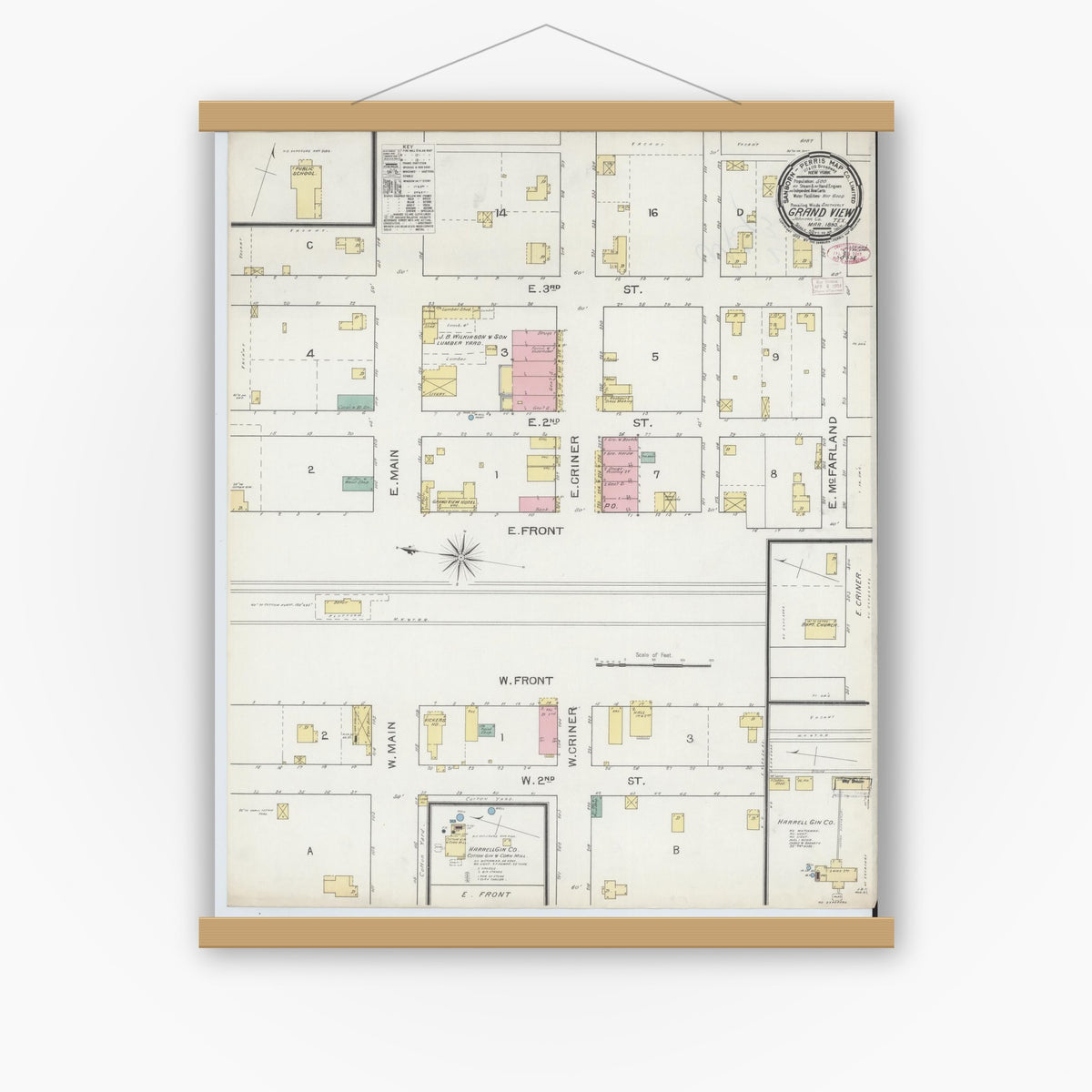 Old map wall art mockup — magnetic wood frame on white wall — Sanborn Fire Insurance Map from Grandview, Johnson County, Texas (1893), Sheet #0001