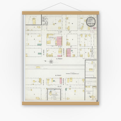 Old map wall art mockup — magnetic wood frame on white wall — Sanborn Fire Insurance Map from Grandview, Johnson County, Texas (1893), Sheet #0001