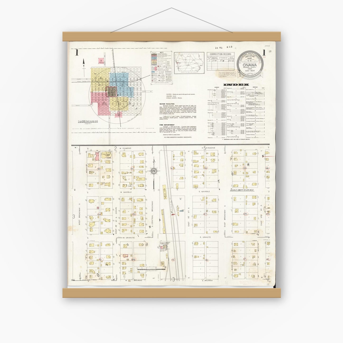 Old map wall art mockup — magnetic wood frame on white wall — Sanborn Fire Insurance Map from Onawa, Monona County, Iowa (1942) â€” Complete Set