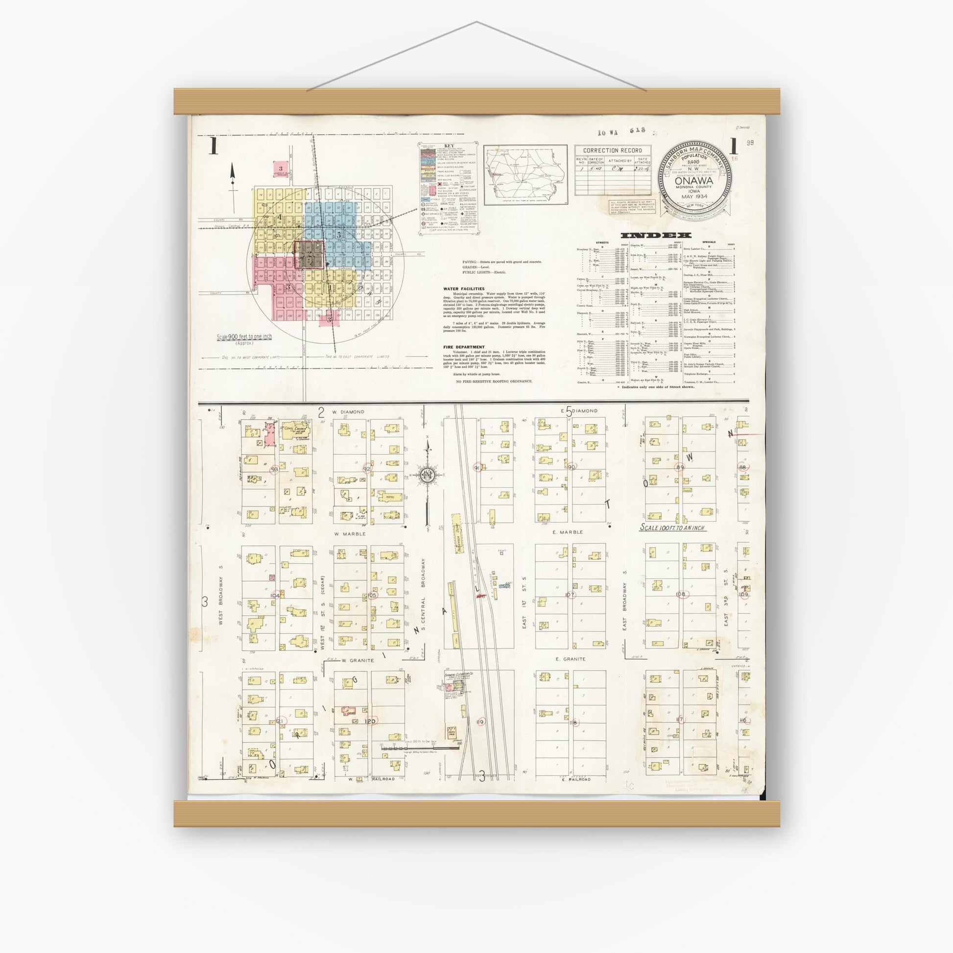 Old map wall art mockup — magnetic wood frame on white wall — Sanborn Fire Insurance Map from Onawa, Monona County, Iowa (1942) â€” Complete Set
