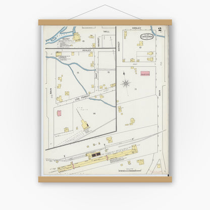Old map wall art mockup — magnetic wood frame on white wall — Sanborn Fire Insurance Map from Carthage, Rush County, Indiana (1892), Sheet #0002