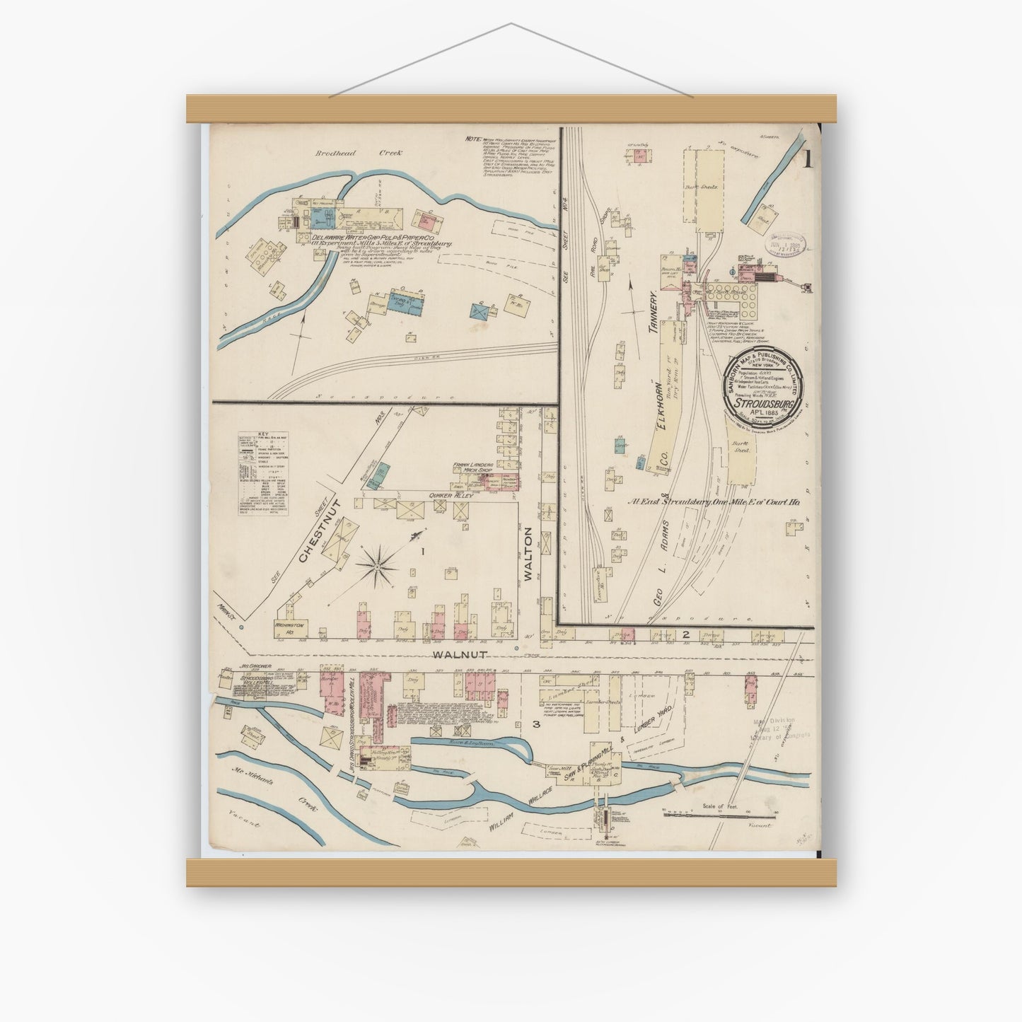 Old map wall art mockup — magnetic wood frame on white wall — Sanborn Fire Insurance Map from Stroudsburg, Monroe County, Pennsylvania (1885) - Complete Map Set
