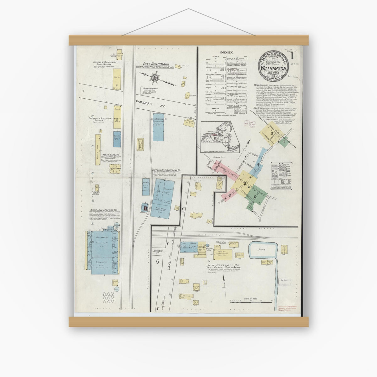 Old map wall art mockup — magnetic wood frame on white wall — Sanborn Fire Insurance Map from Williamson, Wayne County, New York (1914) - Complete Map Set