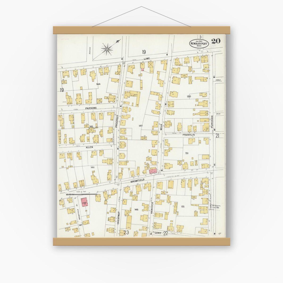 Old map wall art mockup — magnetic wood frame on white wall — Sanborn Fire Insurance Map from Newburyport, Essex County, Massachusetts (1900), Sheet #0020