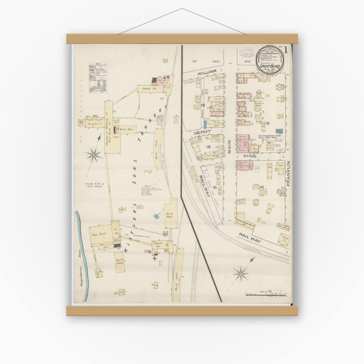 Old map wall art mockup — magnetic wood frame on white wall — Sanborn Fire Insurance Map from Great Bend, Susquehanna County, Pennsylvania (1885) - Complete Map Set