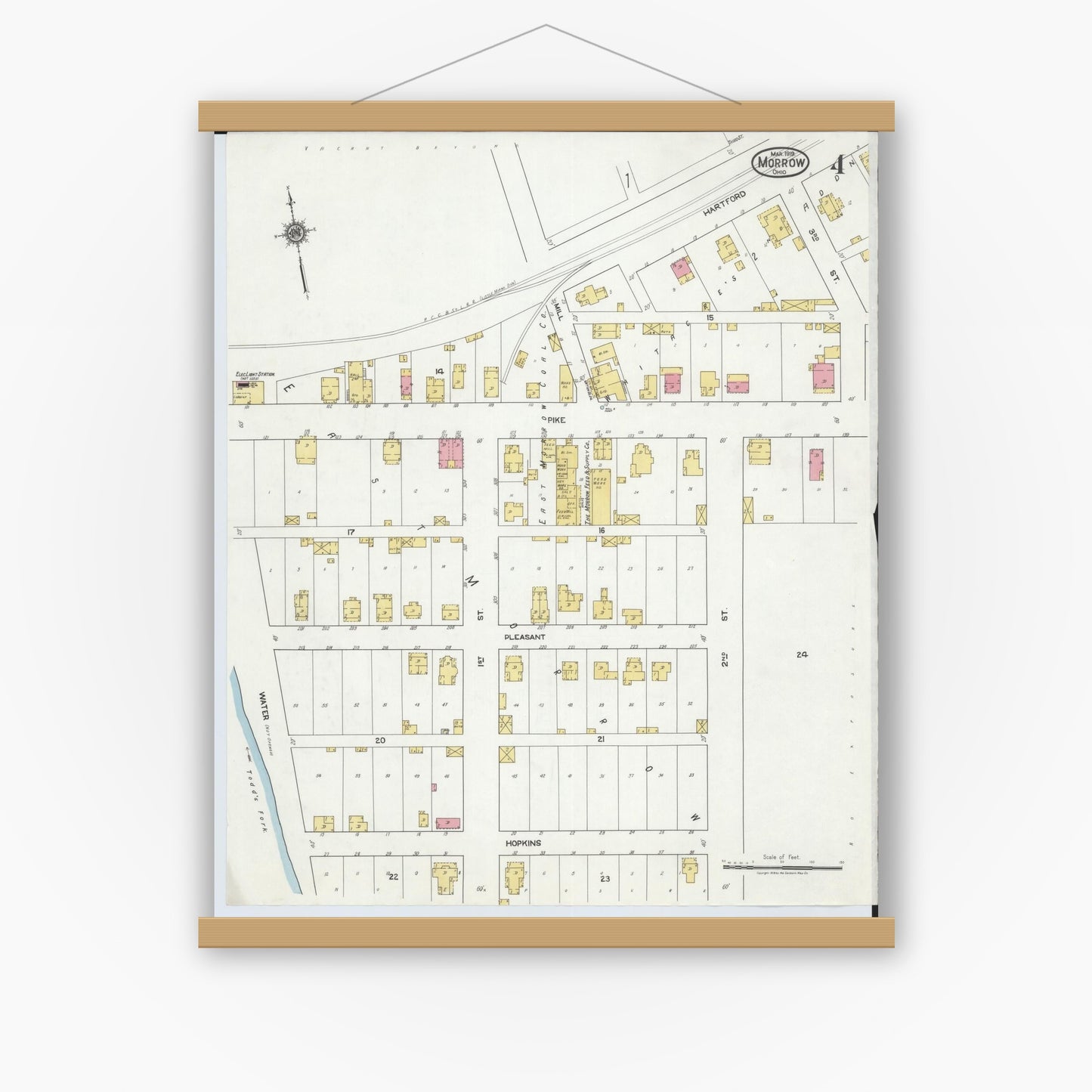 Old map wall art mockup — magnetic wood frame on white wall — Sanborn Fire Insurance Map from Morrow, Warren County, Ohio (1919), Sheet #0004