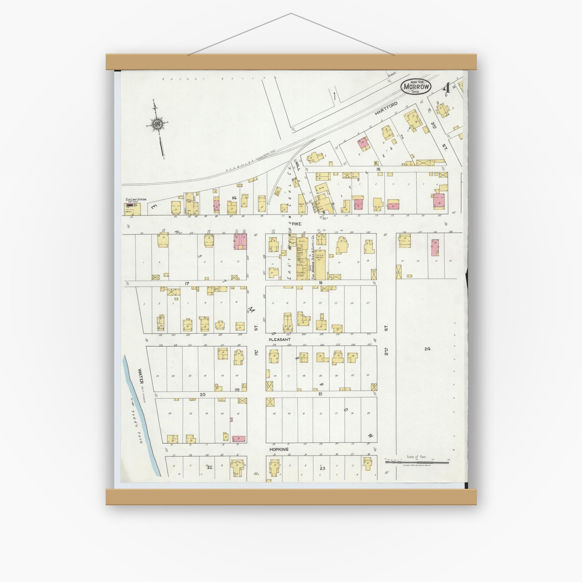 Old map wall art mockup — magnetic wood frame on white wall — Sanborn Fire Insurance Map from Morrow, Warren County, Ohio (1919), Sheet #0004