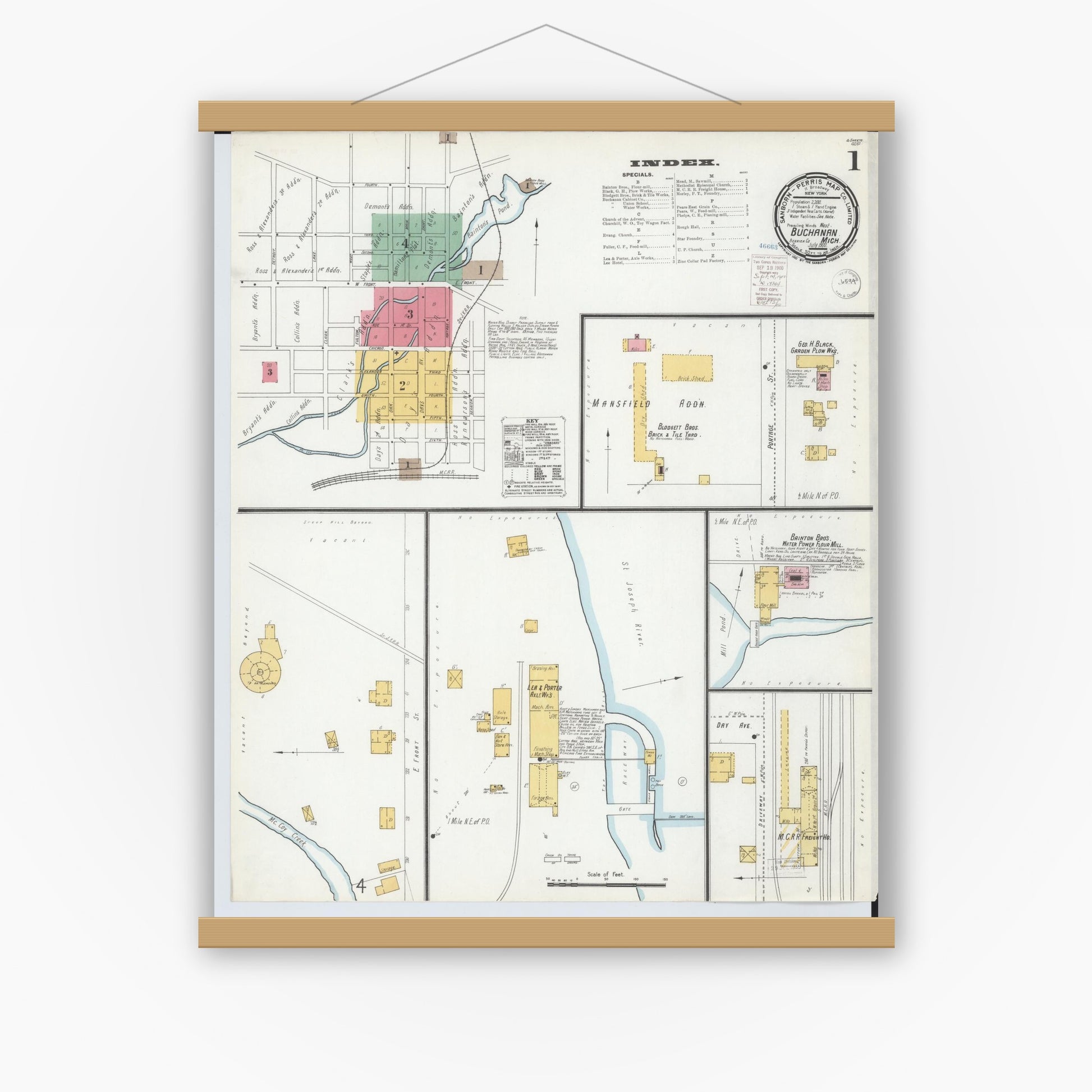 Old map wall art mockup — magnetic wood frame on white wall — Sanborn Fire Insurance Map from Buchanan, Berrien County, Michigan (1900), Sheet #0001