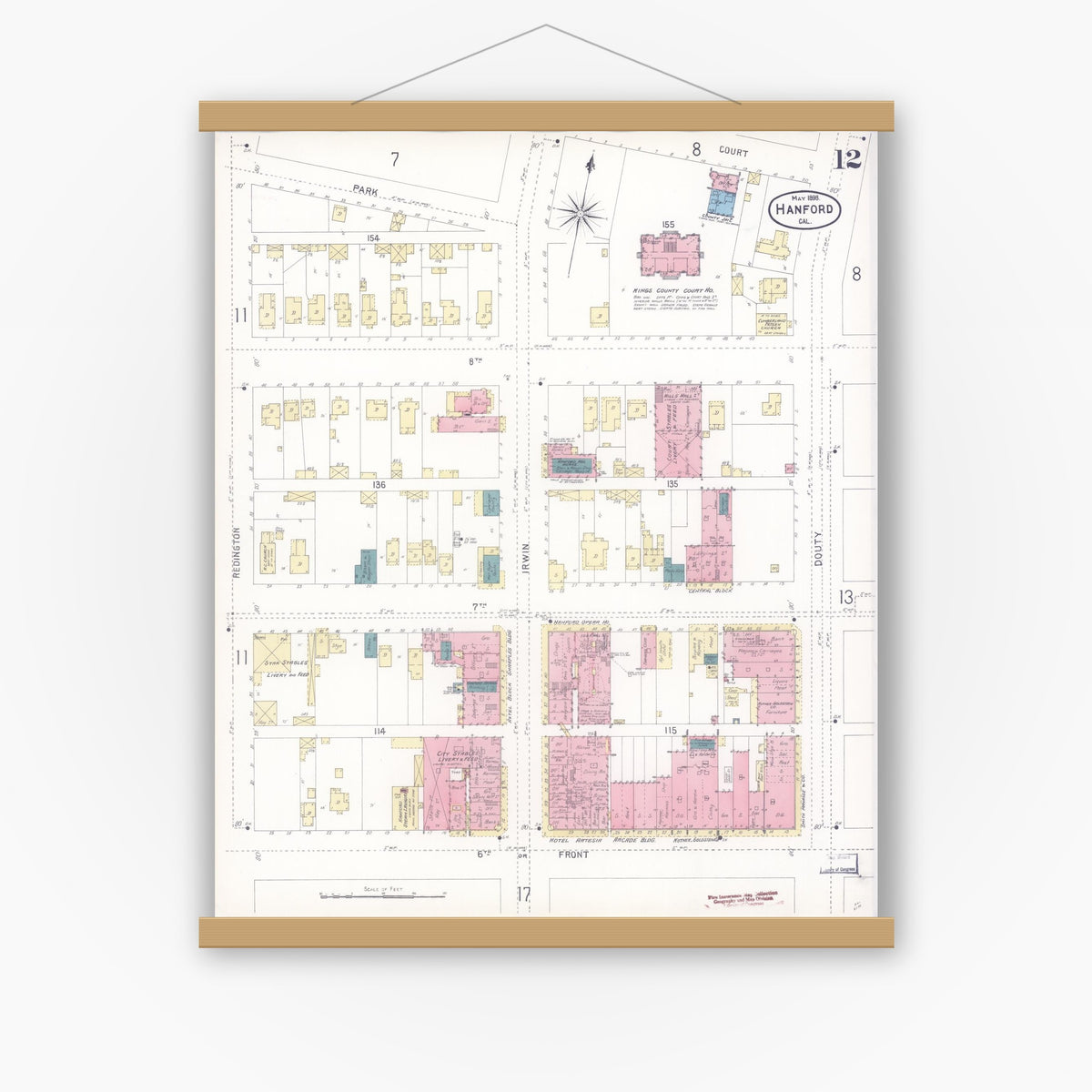 Old map wall art mockup — magnetic wood frame on white wall — Sanborn Fire Insurance Map from Hanford, Kings County, California (1898), Sheet #0012