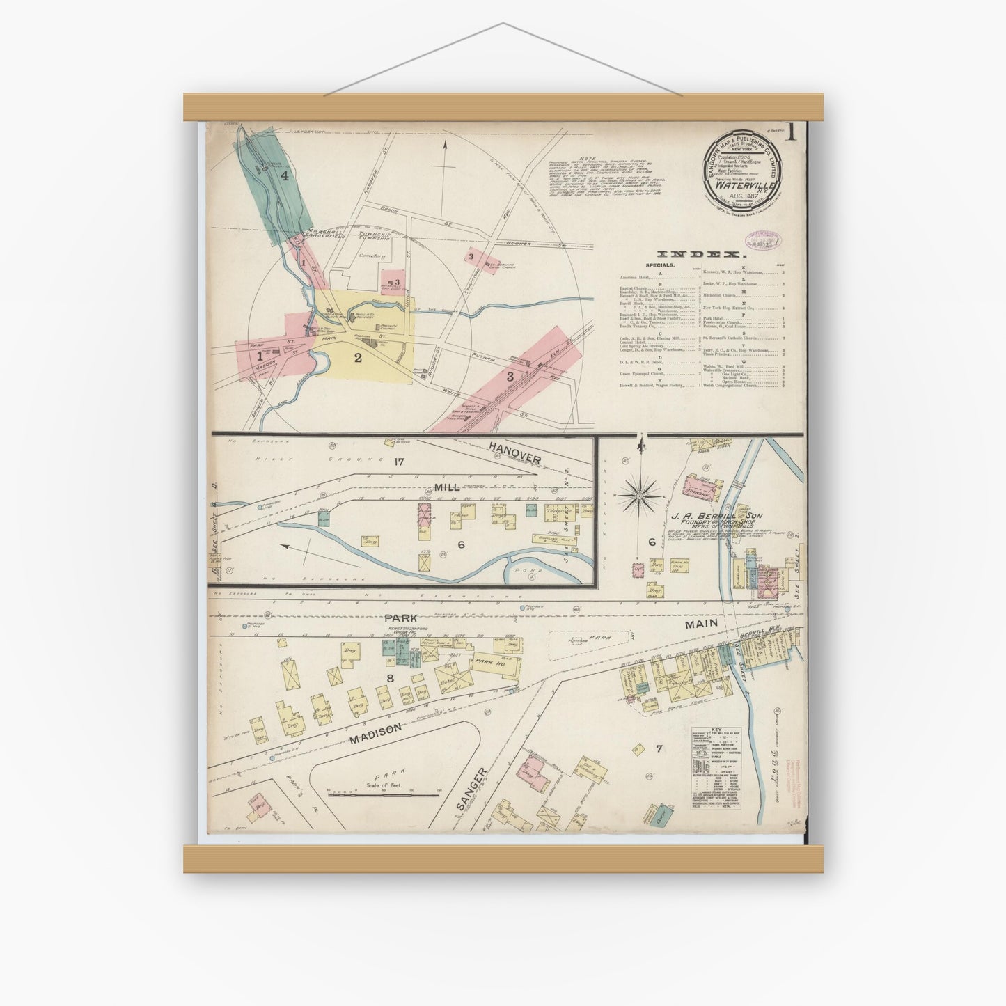 Old map wall art mockup — magnetic wood frame on white wall — Sanborn Fire Insurance Map from Waterville, Oneida County, New York (1887), Sheet #0001