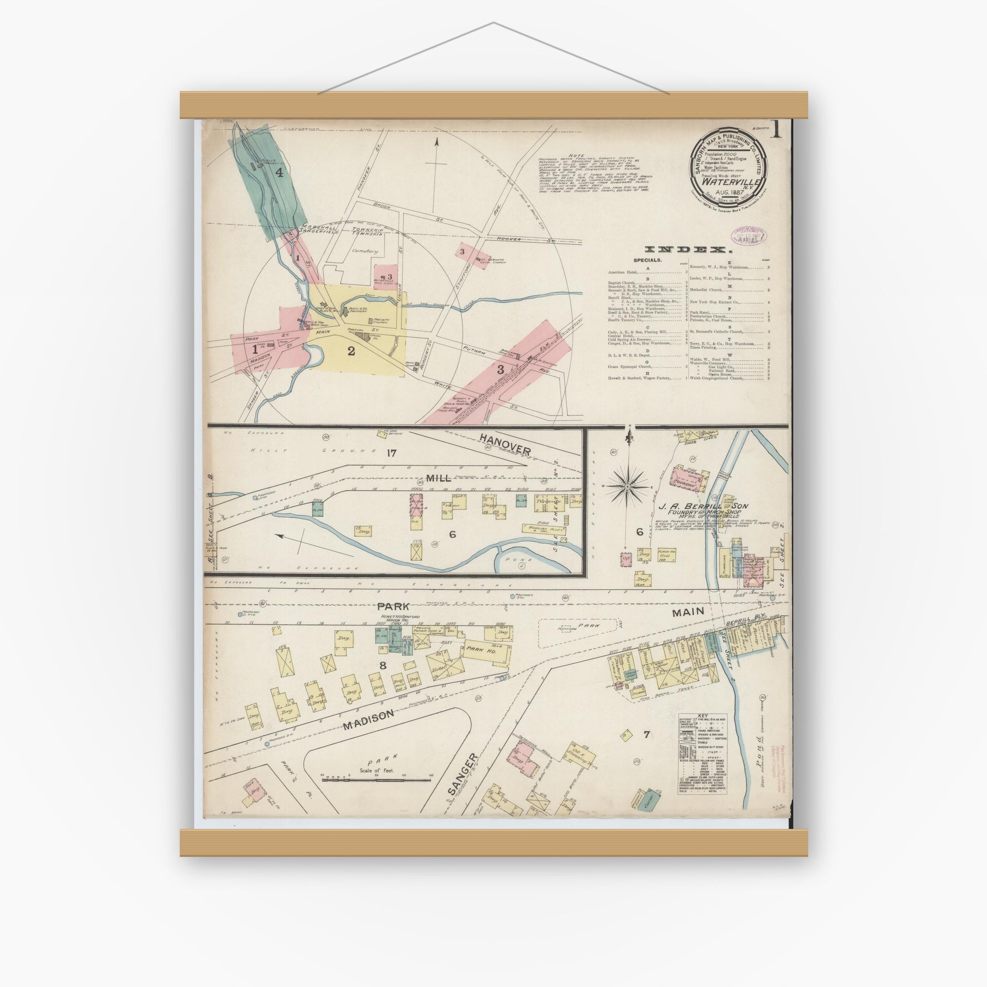 Old map wall art mockup — magnetic wood frame on white wall — Sanborn Fire Insurance Map from Waterville, Oneida County, New York (1887), Sheet #0001