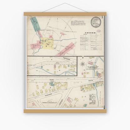 Old map wall art mockup — magnetic wood frame on white wall — Sanborn Fire Insurance Map from Waterville, Oneida County, New York (1887), Sheet #0001