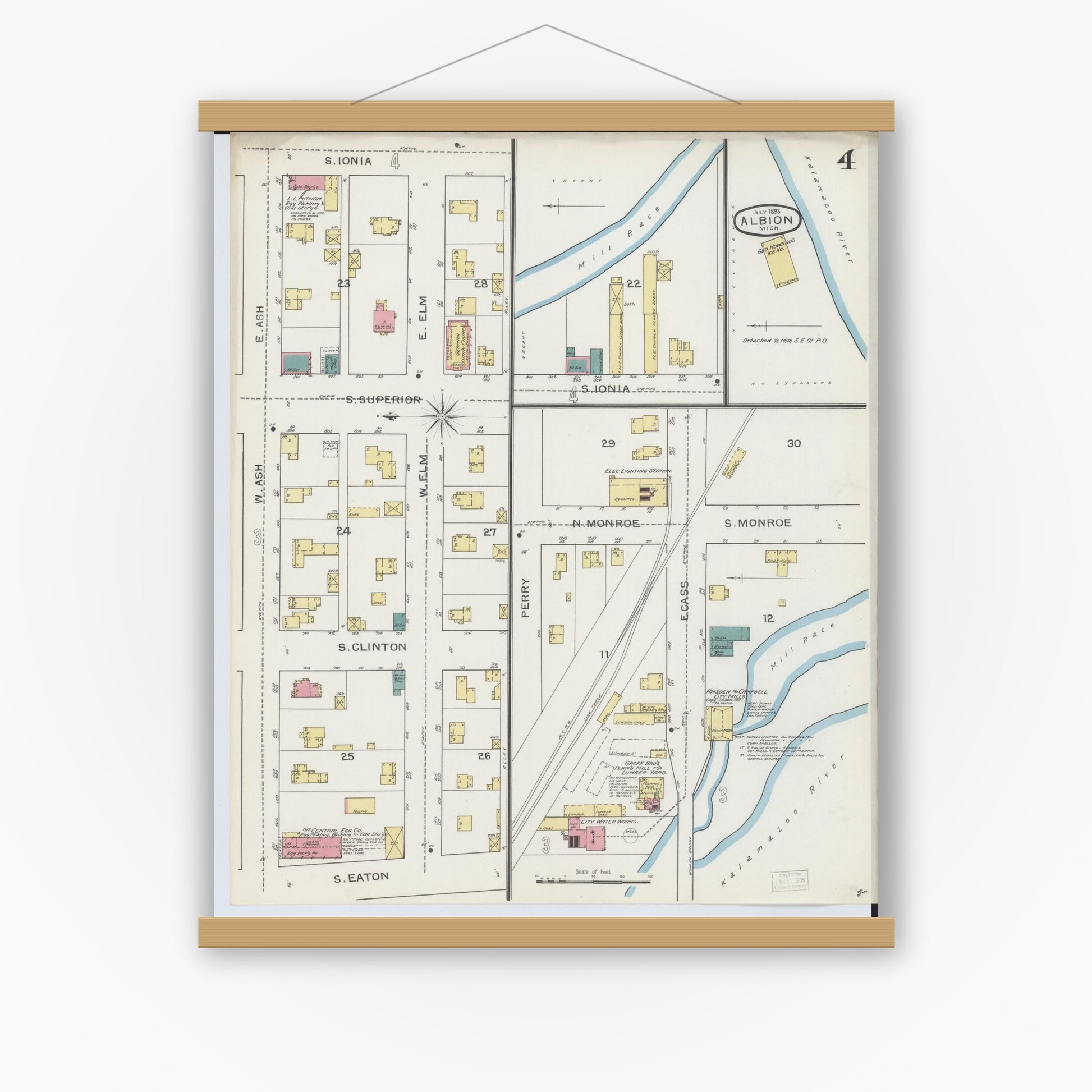 Old map wall art mockup — magnetic wood frame on white wall — Sanborn Fire Insurance Map from Albion, Calhoun County, Michigan (1893), Sheet #0004
