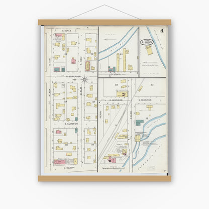 Old map wall art mockup — magnetic wood frame on white wall — Sanborn Fire Insurance Map from Albion, Calhoun County, Michigan (1893), Sheet #0004