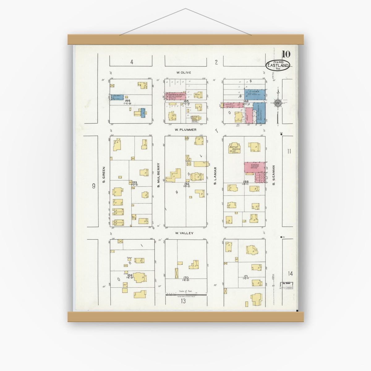 Old map wall art mockup — magnetic wood frame on white wall — Sanborn Fire Insurance Map from Eastland, Eastland County, Texas (1920), Sheet #0010