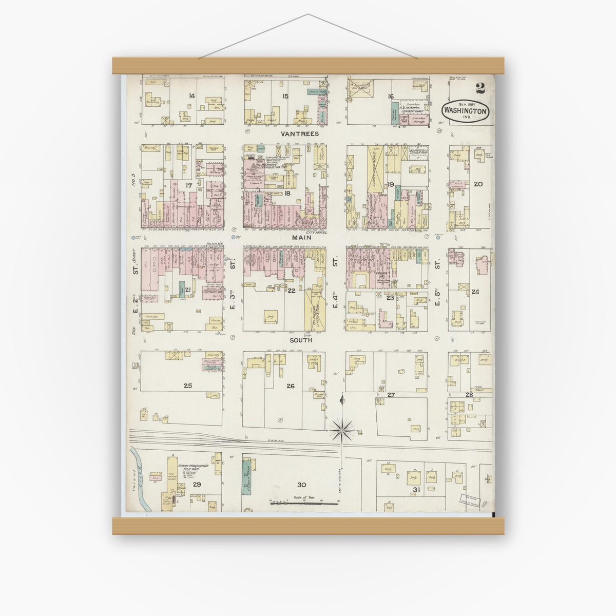Old map wall art mockup — magnetic wood frame on white wall — Sanborn Fire Insurance Map from Washington, Daviess County, Indiana (1887), Sheet #0002