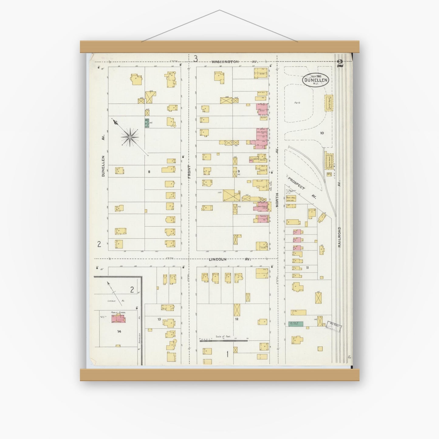 Old map wall art mockup — magnetic wood frame on white wall — Sanborn Fire Insurance Map from Dunellen, Middlesex County, New Jersey (1905), Sheet #0002