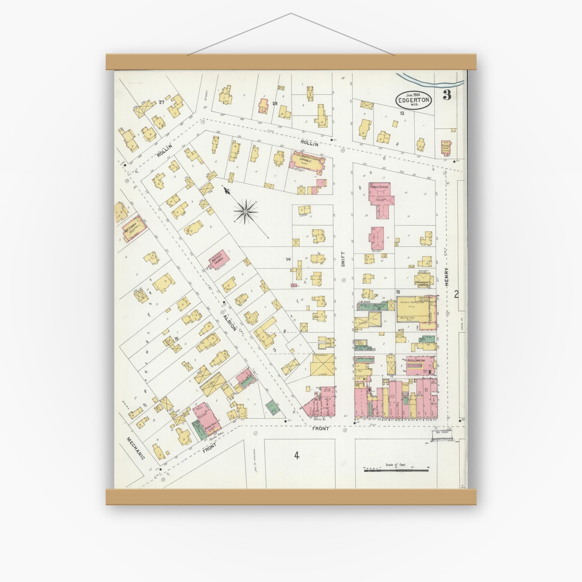 Old map wall art mockup — magnetic wood frame on white wall — Sanborn Fire Insurance Map from Edgerton, Rock County, Wisconsin (1904), Sheet #0003