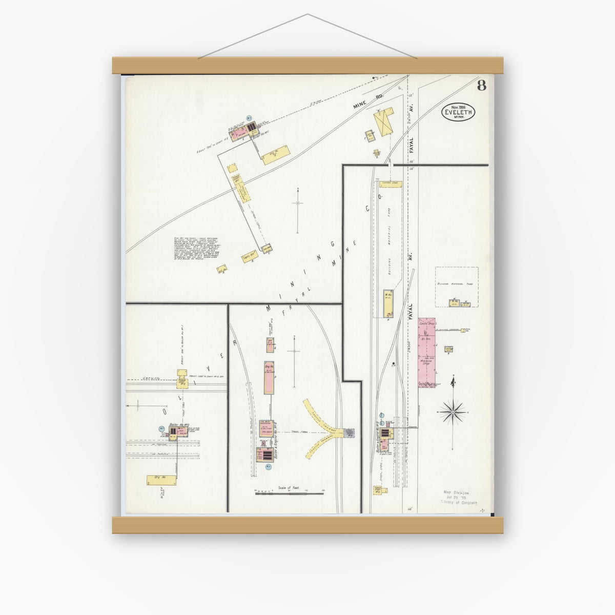 Old map wall art mockup — magnetic wood frame on white wall — Sanborn Fire Insurance Map from Eveleth, Saint Louis County, Minnesota (1906), Sheet #0008