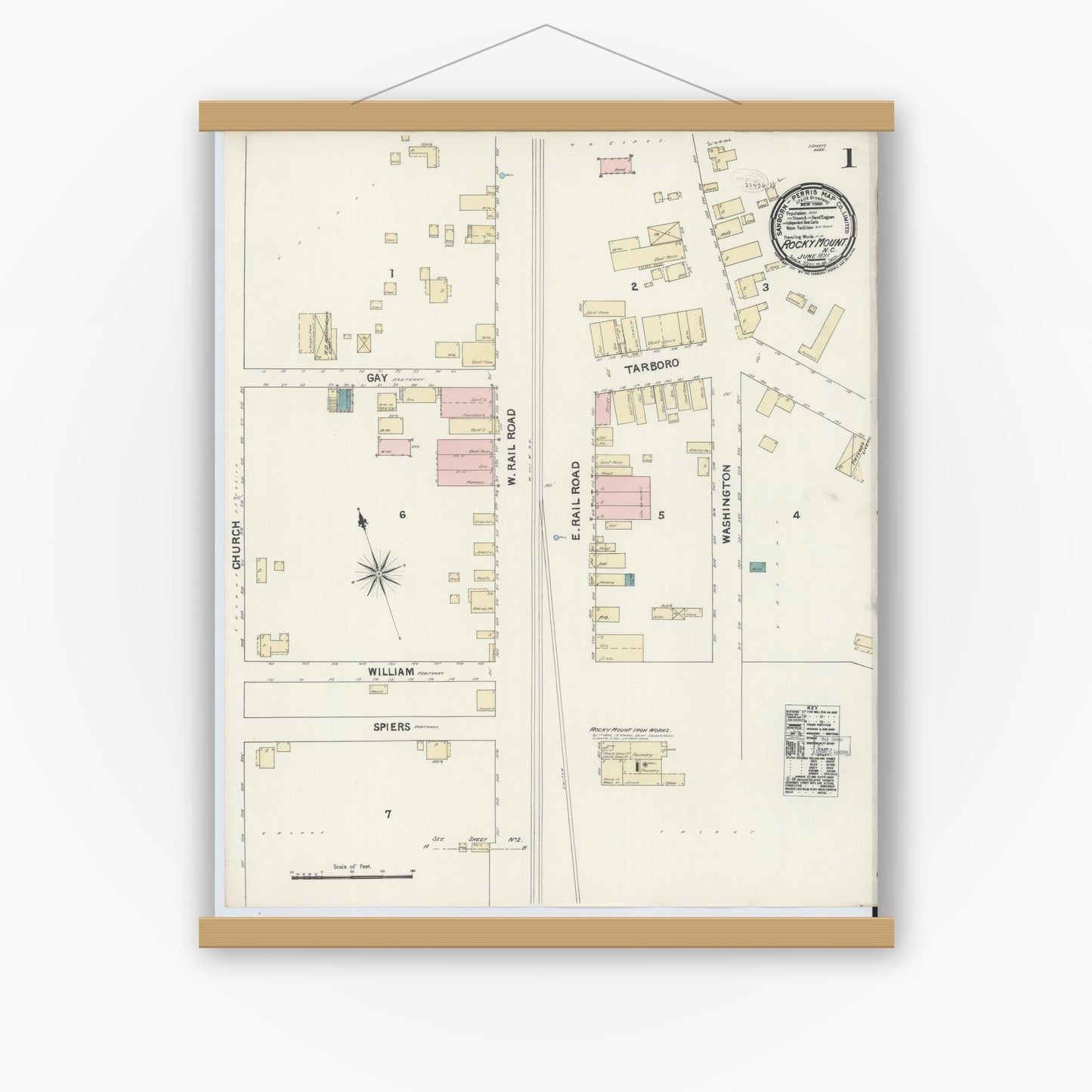 Old map wall art mockup — magnetic wood frame on white wall — Sanborn Fire Insurance Map from Rocky Mount, Edgecombe And Nash Counties, North Carolina (1891) - Complete Map Set