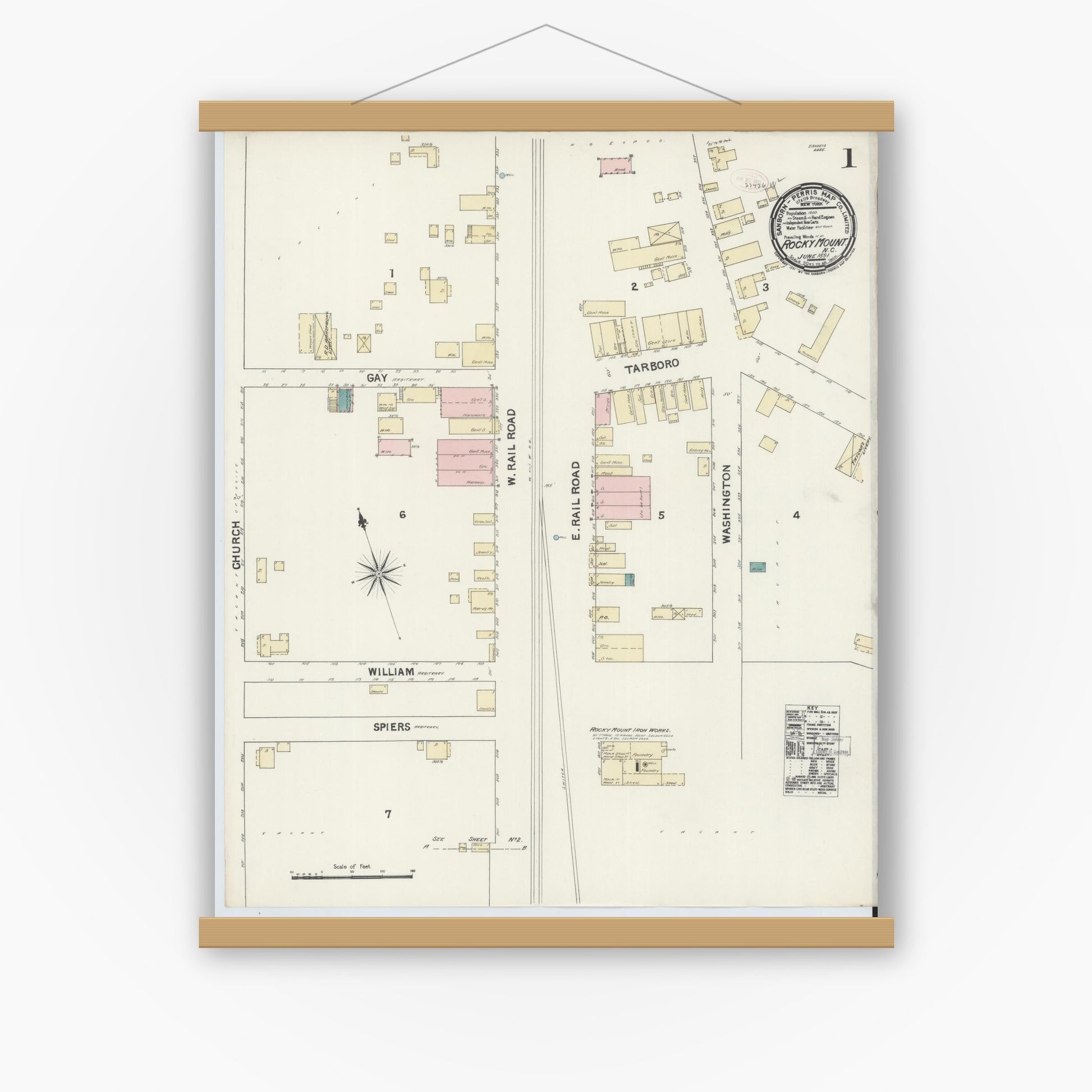 Old map wall art mockup — magnetic wood frame on white wall — Sanborn Fire Insurance Map from Rocky Mount, Edgecombe And Nash Counties, North Carolina (1891) - Complete Map Set
