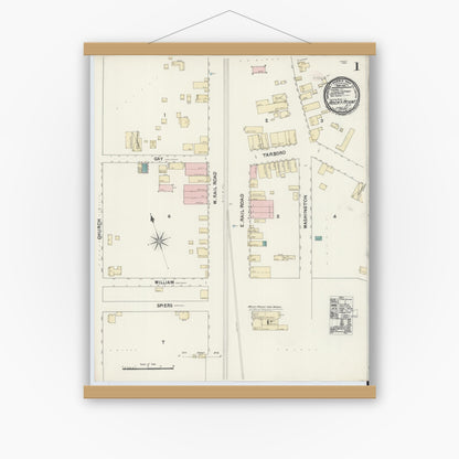 Old map wall art mockup — magnetic wood frame on white wall — Sanborn Fire Insurance Map from Rocky Mount, Edgecombe And Nash Counties, North Carolina (1891) - Complete Map Set
