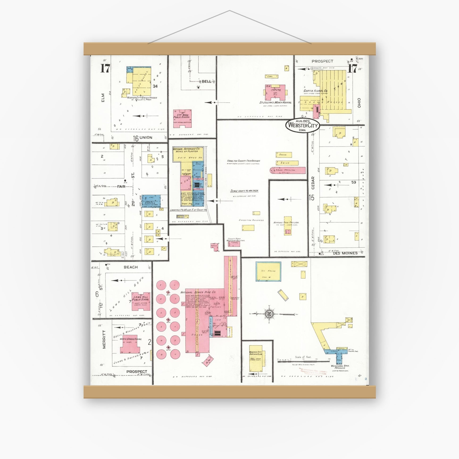 Old map wall art mockup — magnetic wood frame on white wall — Sanborn Fire Insurance Map from Webster City, Hamilton County, Iowa (1923), Sheet #0017