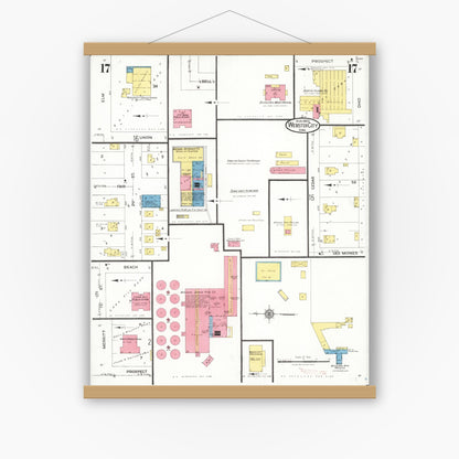 Old map wall art mockup — magnetic wood frame on white wall — Sanborn Fire Insurance Map from Webster City, Hamilton County, Iowa (1923), Sheet #0017