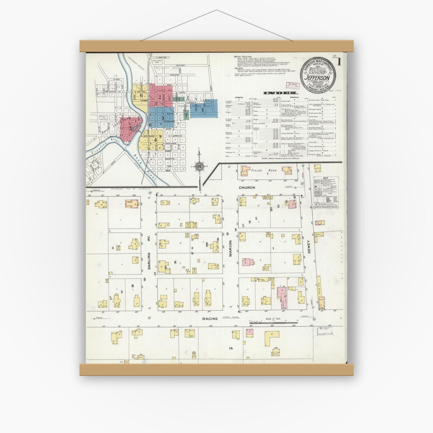 Old map wall art mockup — magnetic wood frame on white wall — Sanborn Fire Insurance Map from Jefferson, Jefferson County, Wisconsin (1909) - Complete Map Set