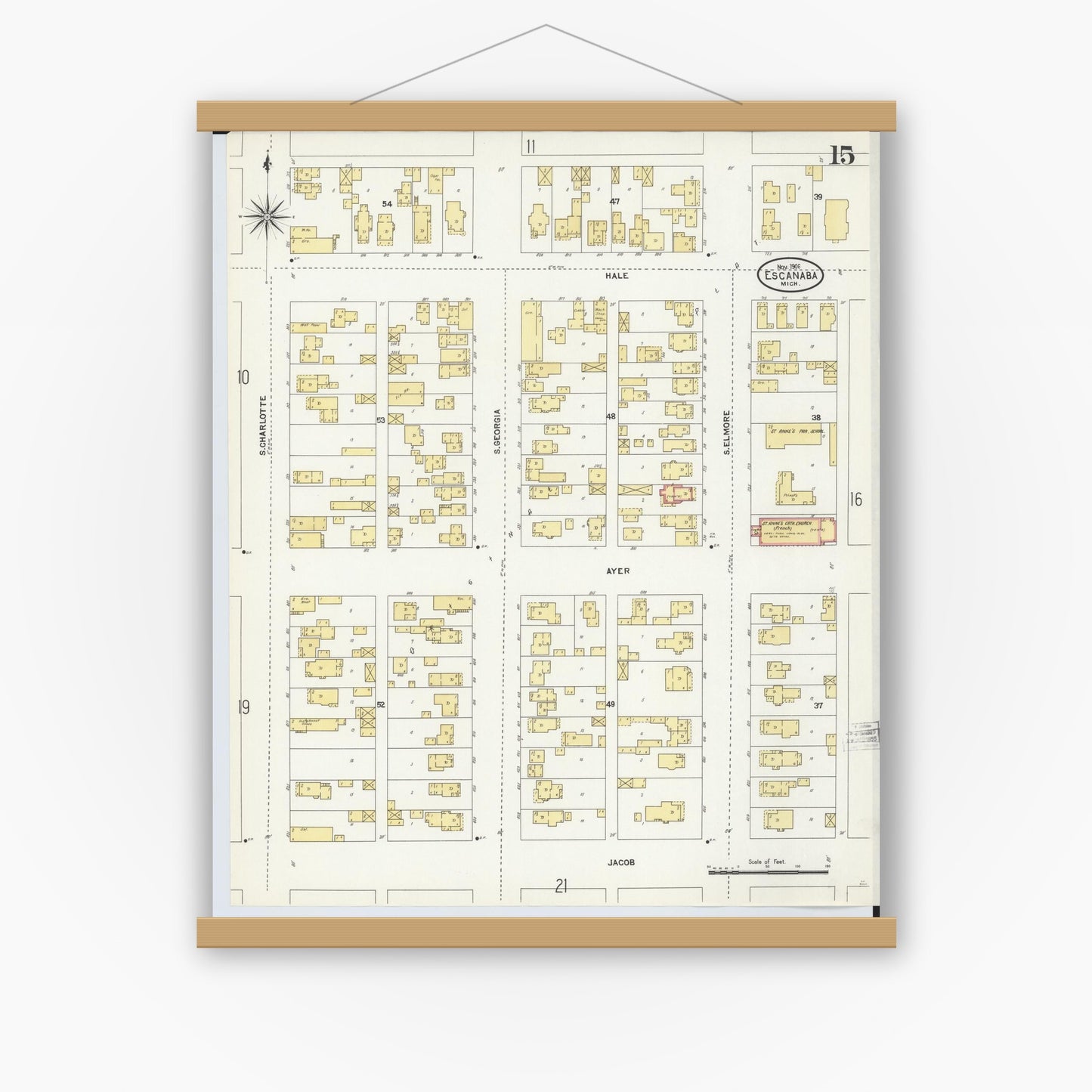 Old map wall art mockup — magnetic wood frame on white wall — Sanborn Fire Insurance Map from Escanaba, Delta County, Michigan (1906), Sheet #0015