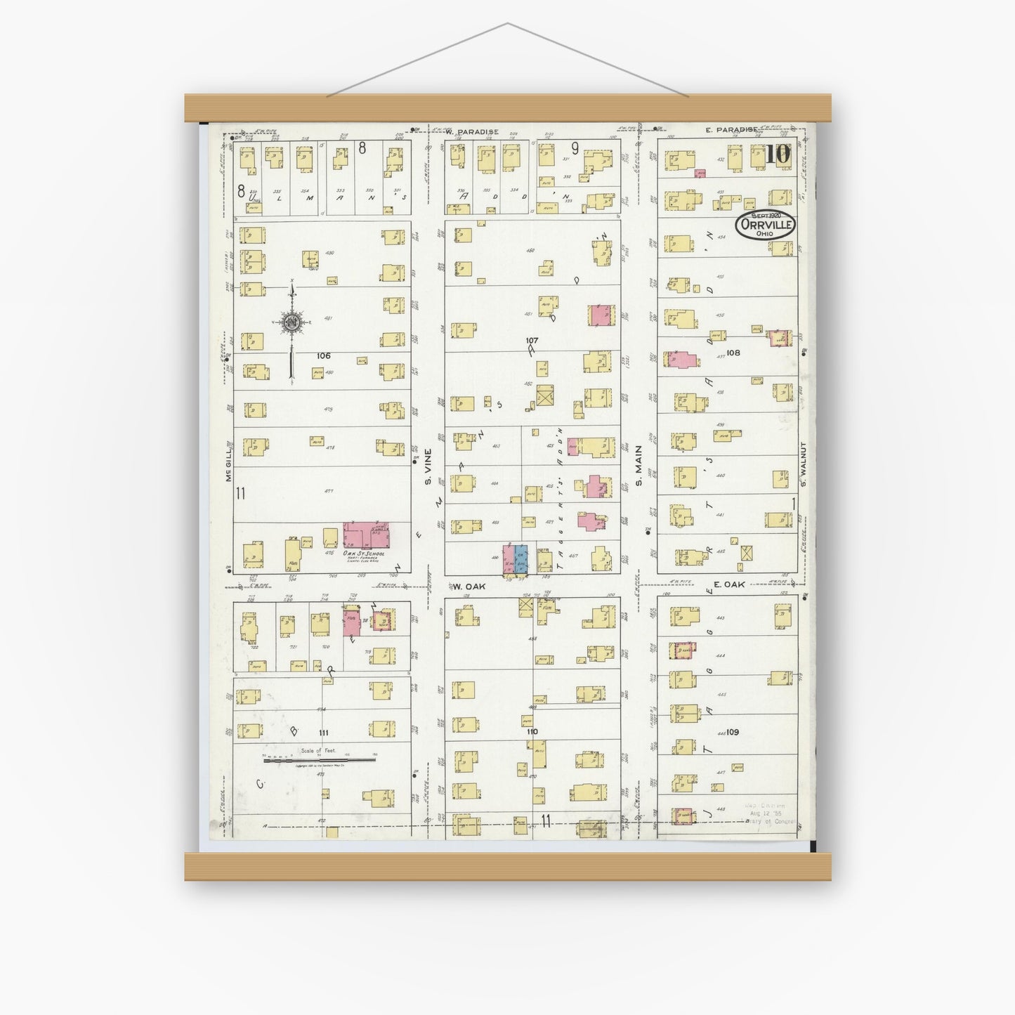 Old map wall art mockup — magnetic wood frame on white wall — Sanborn Fire Insurance Map from Orrville, Wayne County, Ohio (1920), Sheet #0010