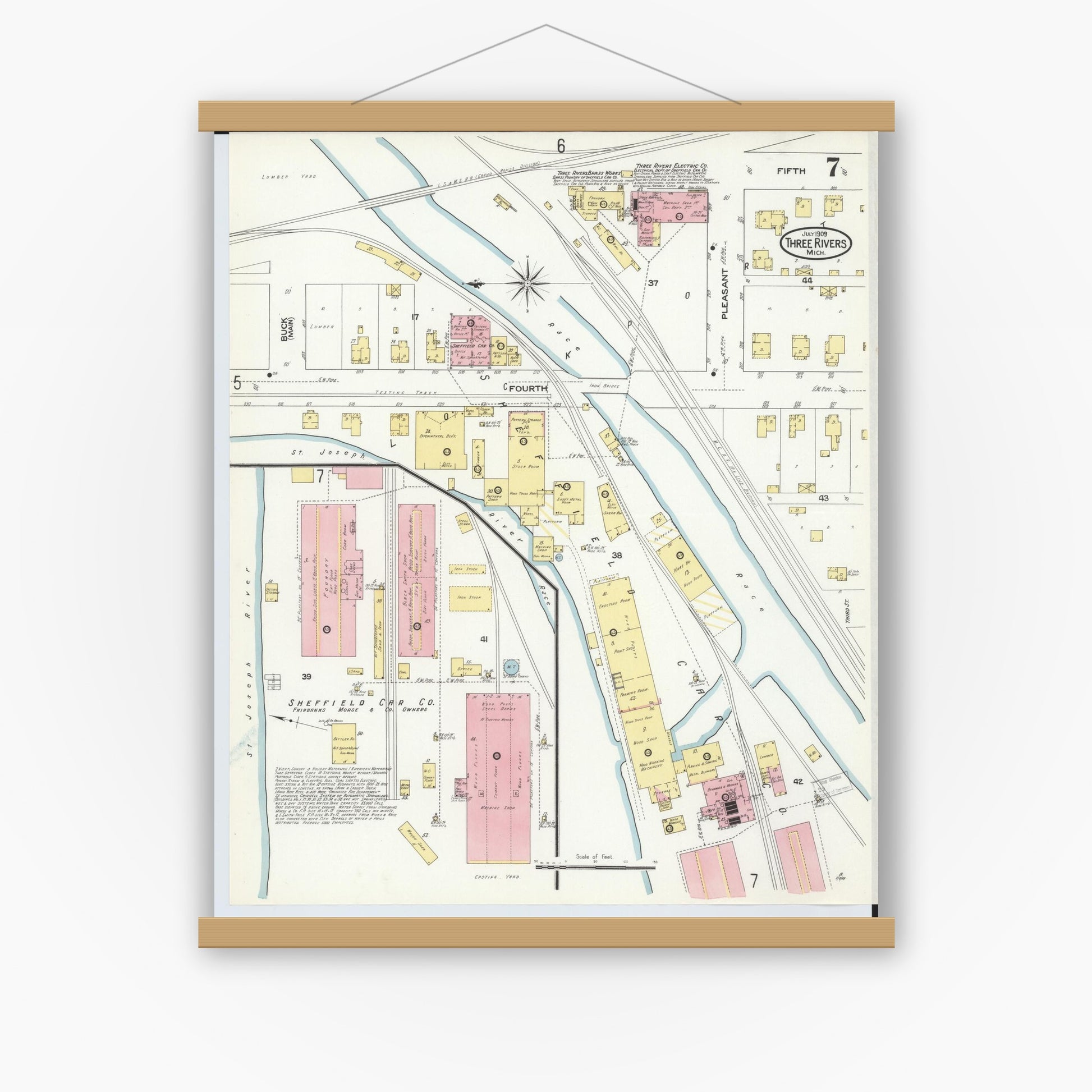 Old map wall art mockup — magnetic wood frame on white wall — Sanborn Fire Insurance Map from Three Rivers, Saint Joseph County, Michigan (1909), Sheet #0007