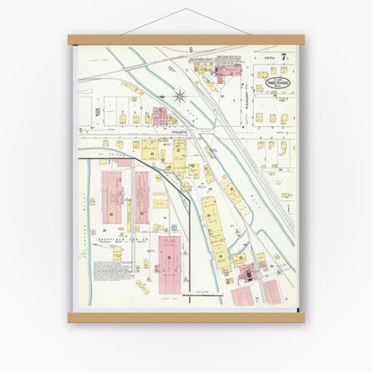 Old map wall art mockup — magnetic wood frame on white wall — Sanborn Fire Insurance Map from Three Rivers, Saint Joseph County, Michigan (1909), Sheet #0007