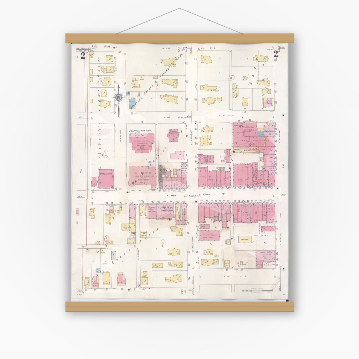 Old map wall art mockup — magnetic wood frame on white wall — Sanborn Fire Insurance Map from Shelbyville, Shelby County, Illinois (1941), Sheet #0002