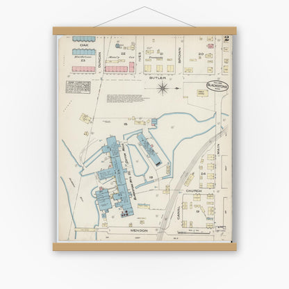 Old map wall art mockup — magnetic wood frame on white wall — Sanborn Fire Insurance Map from Blackstone, Worcester County, Massachusetts (1885), Sheet #0002