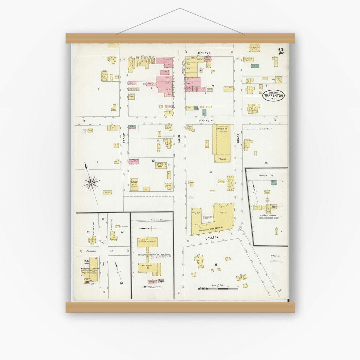 Old map wall art mockup — magnetic wood frame on white wall — Sanborn Fire Insurance Map from Warrenton, Warren County, North Carolina (1907), Sheet #0002