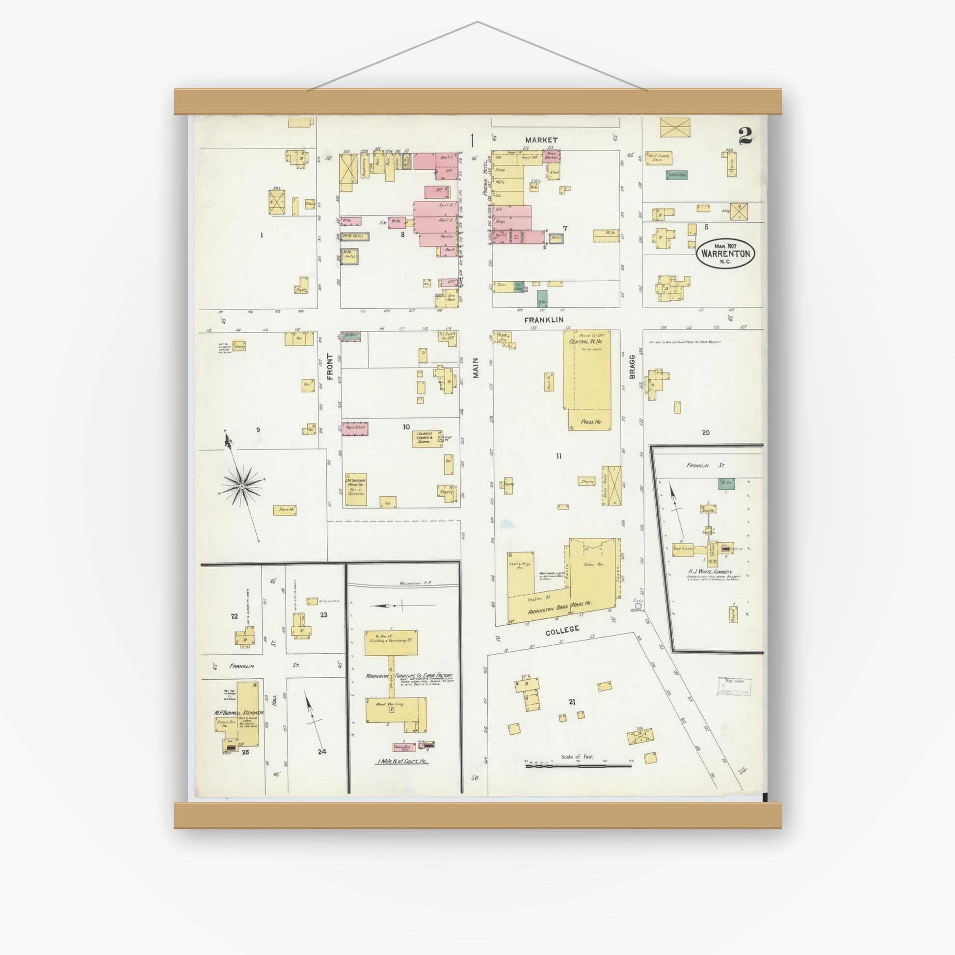 Old map wall art mockup — magnetic wood frame on white wall — Sanborn Fire Insurance Map from Warrenton, Warren County, North Carolina (1907), Sheet #0002