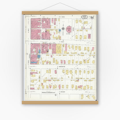 Old map wall art mockup — magnetic wood frame on white wall — Sanborn Fire Insurance Map from Paris, Edgar County, Illinois (1916), Sheet #0014