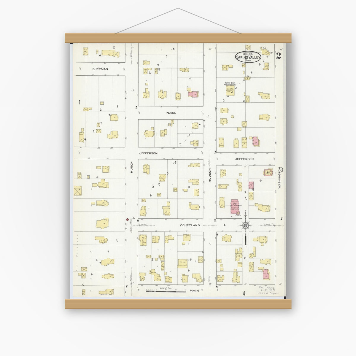 Old map wall art mockup — magnetic wood frame on white wall — Sanborn Fire Insurance Map from Spring Valley, Fillmore County, Minnesota (1915), Sheet #0002