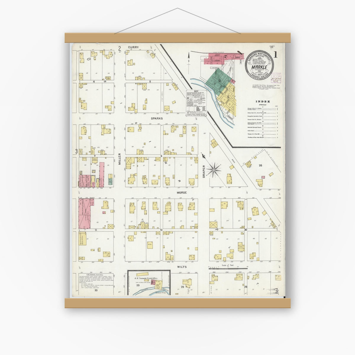 Old map wall art mockup — magnetic wood frame on white wall — Sanborn Fire Insurance Map from Markle, Huntington County, Indiana (1907), Sheet #0001