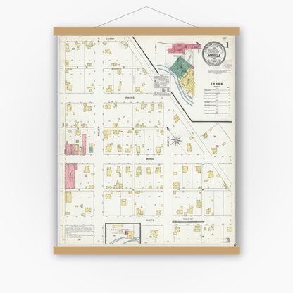 Old map wall art mockup — magnetic wood frame on white wall — Sanborn Fire Insurance Map from Markle, Huntington County, Indiana (1907), Sheet #0001