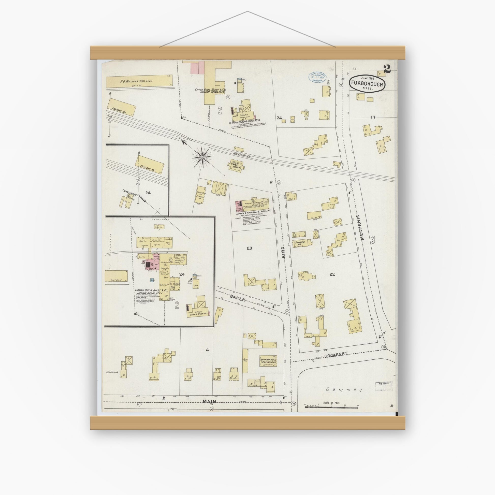 Old map wall art mockup — magnetic wood frame on white wall — Sanborn Fire Insurance Map from Foxboro, Norfolk County, Massachusetts (1894), Sheet #0002