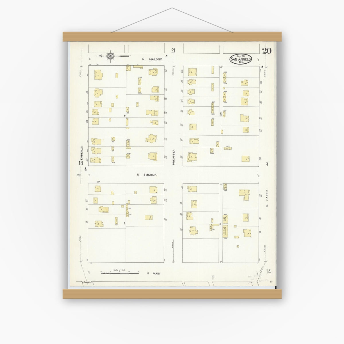 Old map wall art mockup — magnetic wood frame on white wall — Sanborn Fire Insurance Map from San Angelo, Tom Green County, Texas (1913), Sheet #0020
