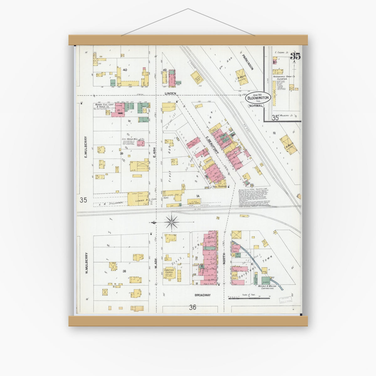Old map wall art mockup — magnetic wood frame on white wall — Sanborn Fire Insurance Map from Bloomington, McLean County, Illinois (1901), Sheet #0035