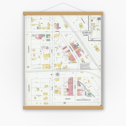 Old map wall art mockup — magnetic wood frame on white wall — Sanborn Fire Insurance Map from Bloomington, McLean County, Illinois (1901), Sheet #0035