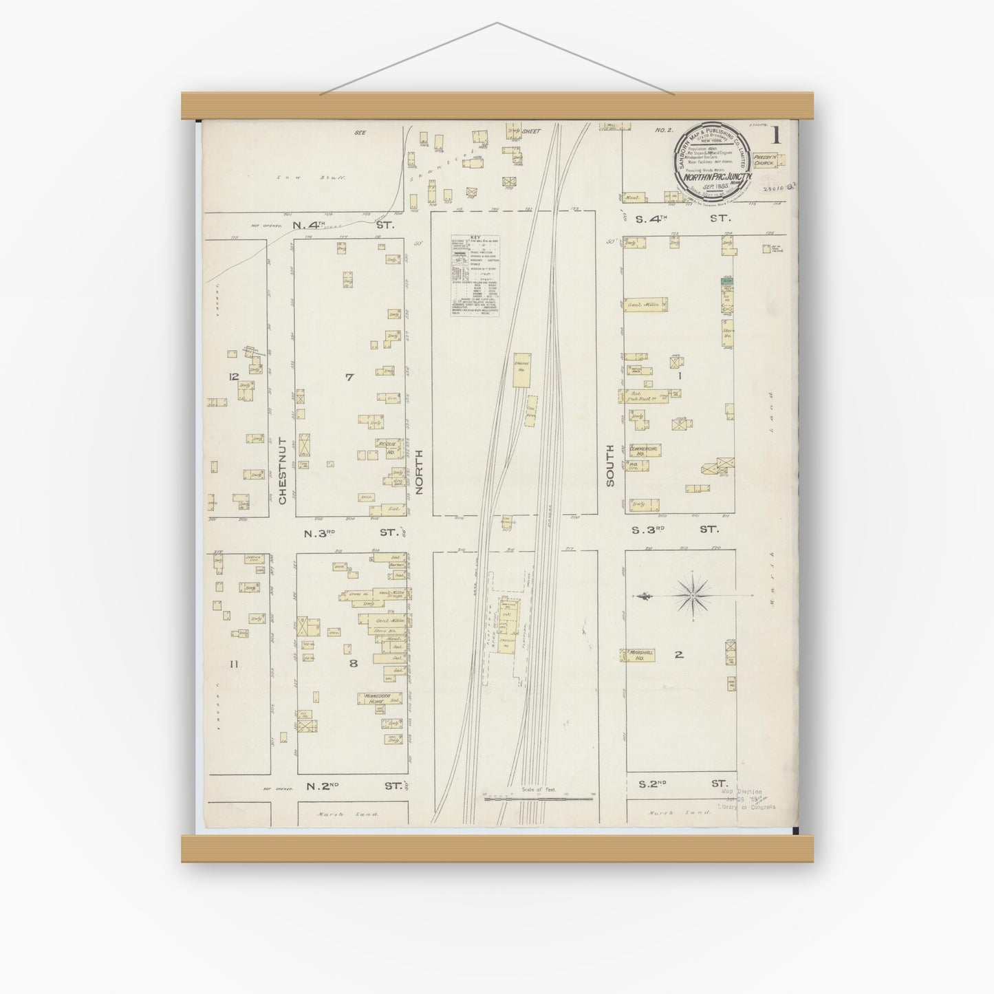 Old map wall art mockup — magnetic wood frame on white wall — Sanborn Fire Insurance Map from Northern Pacific Junction, Carlton County, Minnesota (1885), Sheet #0001