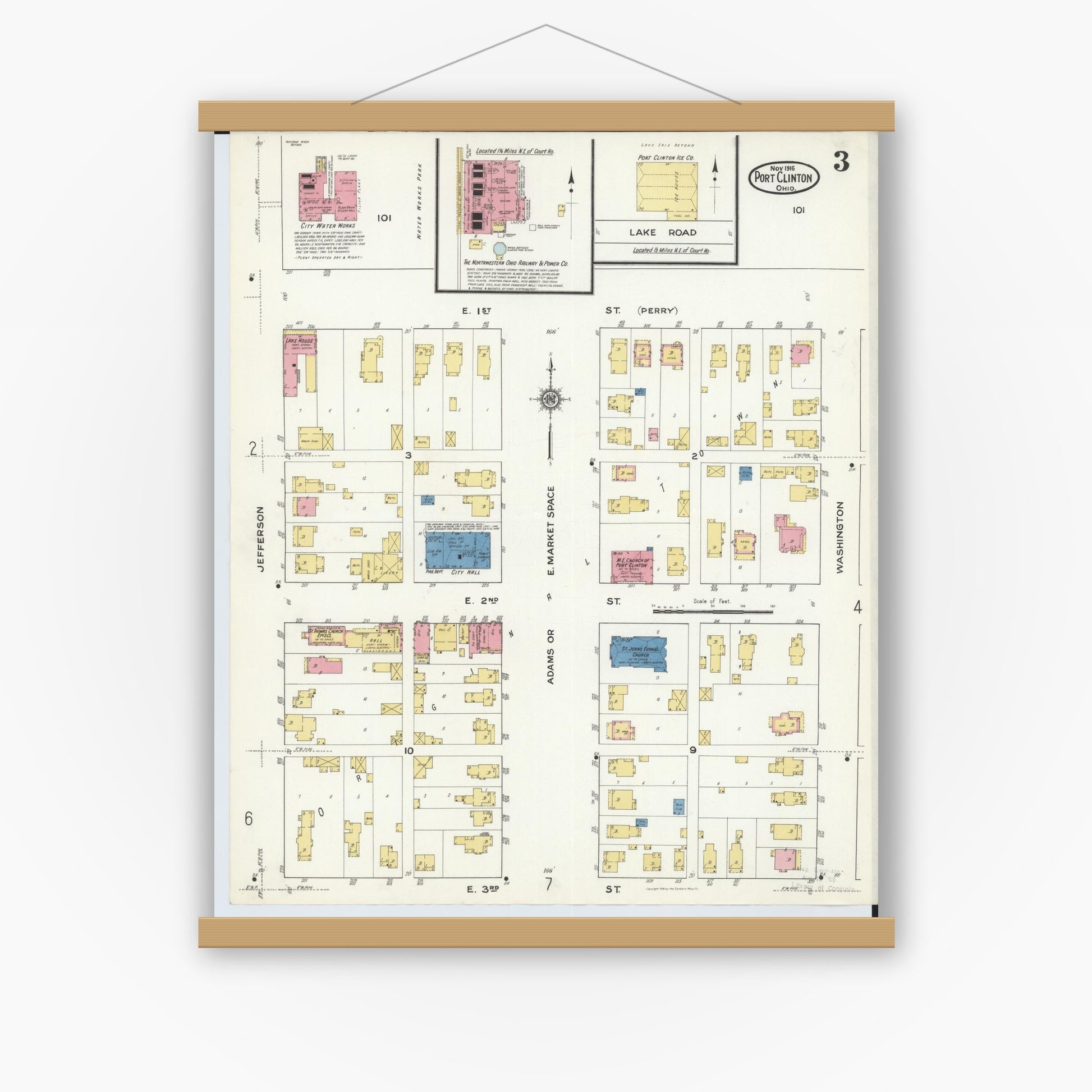 Old map wall art mockup — magnetic wood frame on white wall — Sanborn Fire Insurance Map from Port Clinton, Ottawa County, Ohio (1916), Sheet #0003