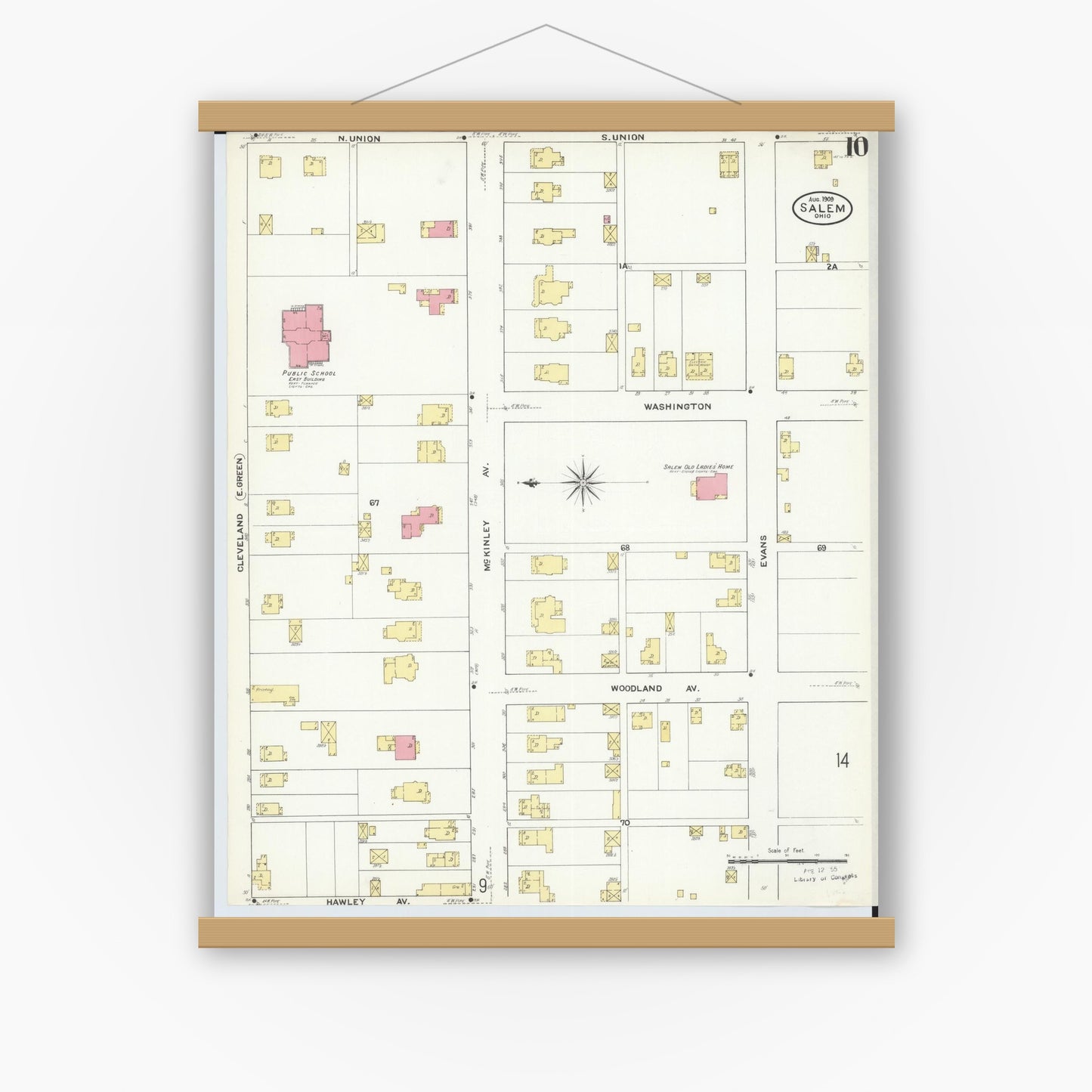 Old map wall art mockup — magnetic wood frame on white wall — Sanborn Fire Insurance Map from Salem, Columbiana County, Ohio (1909), Sheet #0010