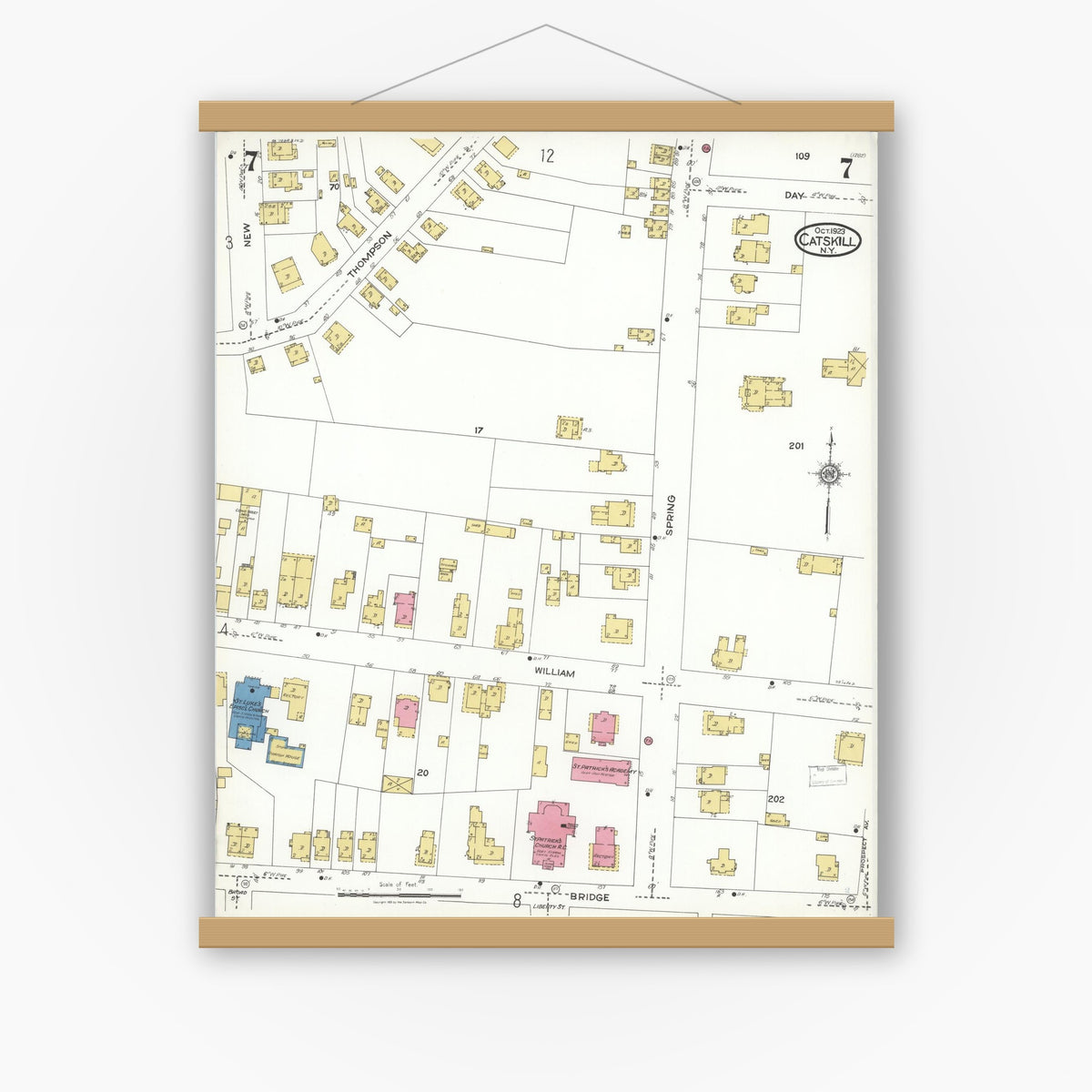 Old map wall art mockup — magnetic wood frame on white wall — Sanborn Fire Insurance Map from Catskill, Greene County, New York (1923), Sheet #0007